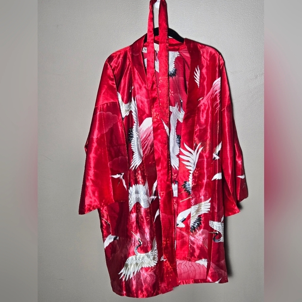 Made In Japan Crane Asian Fusion Art‎ To Wear Kimono Duster With Tie, One Size
